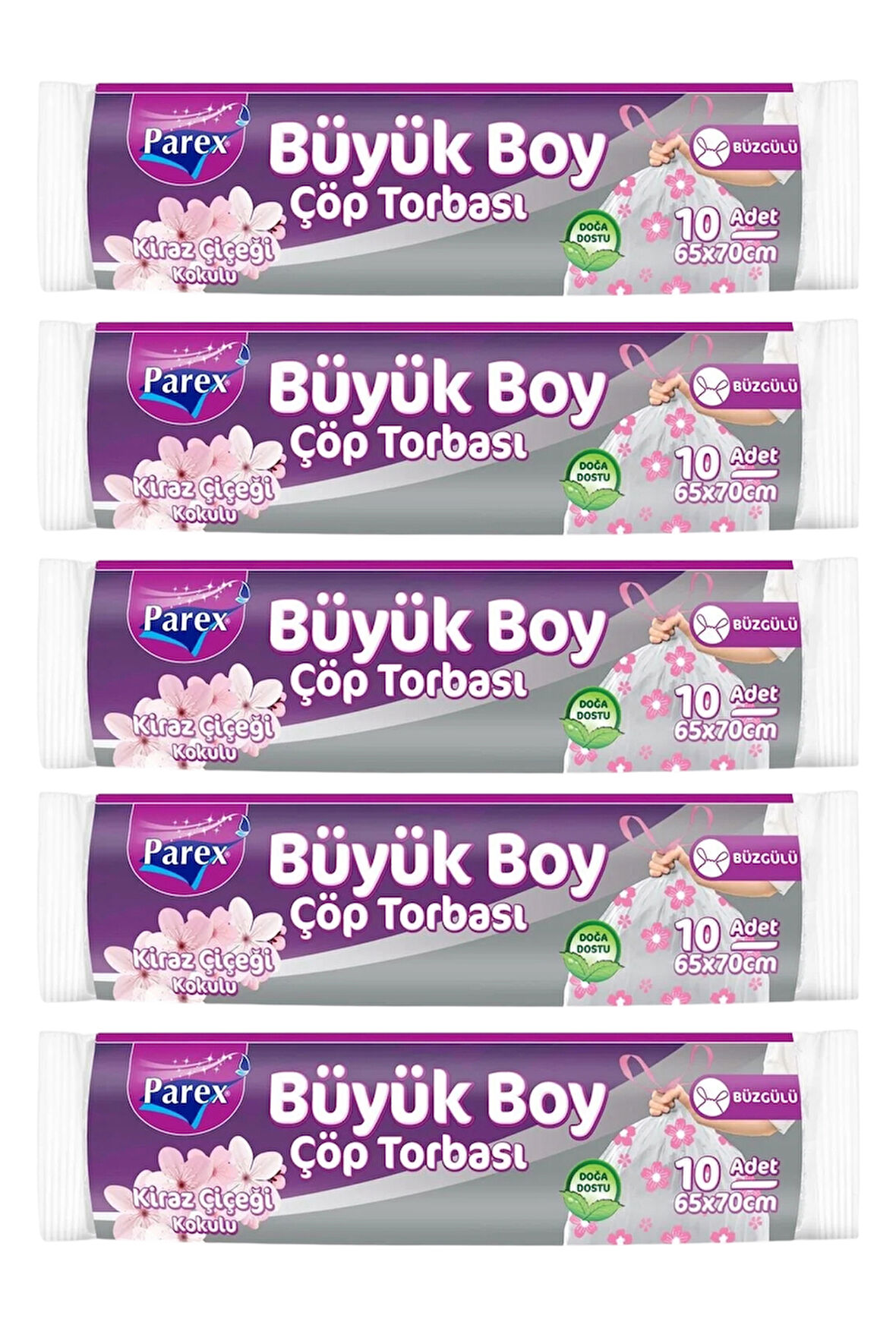 Büzgülü 10'lu Çöp Torbası Kiraz Çiçeği Kokulu Büyük Boy 65 x 70 cm Beşli Paket