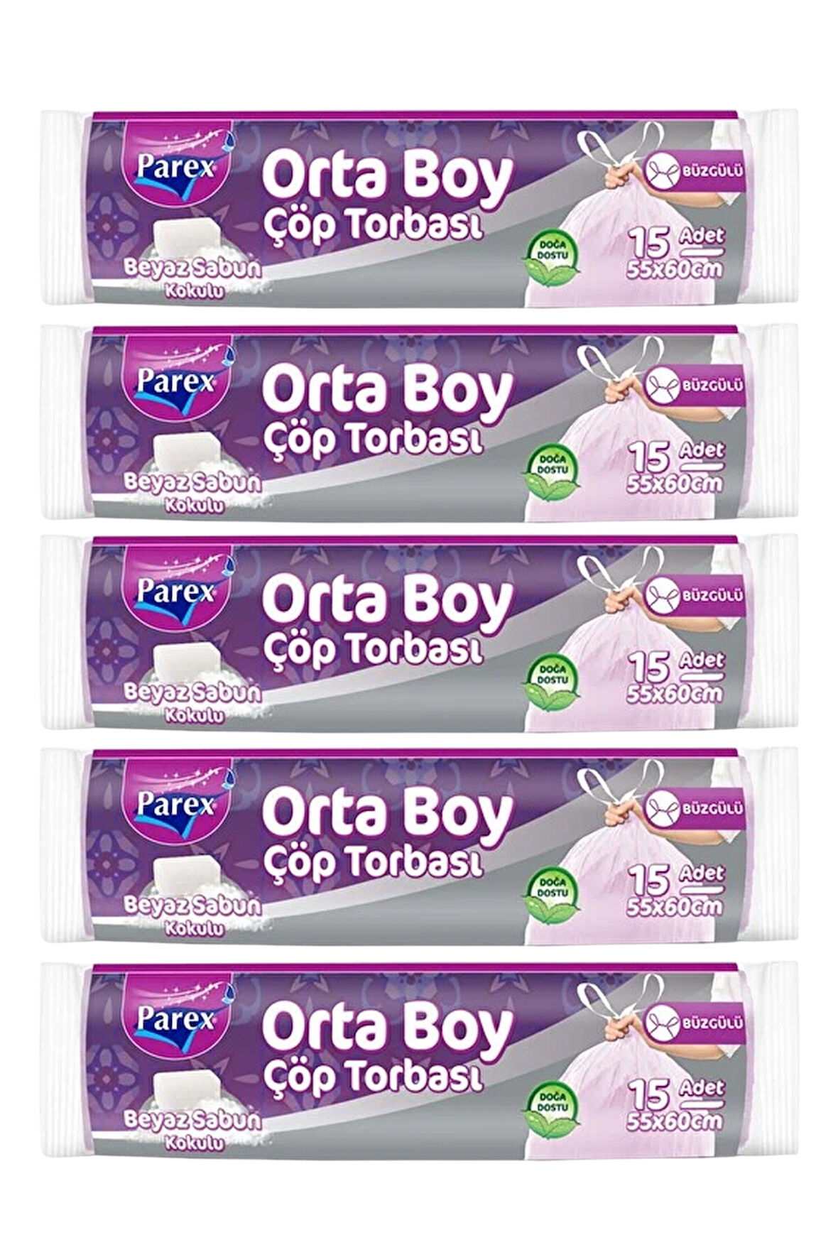 Büzgülü 15'li Çöp Torbası Beyaz Sabun Kokulu Orta Boy 55 x 60 cm Beşli Paket