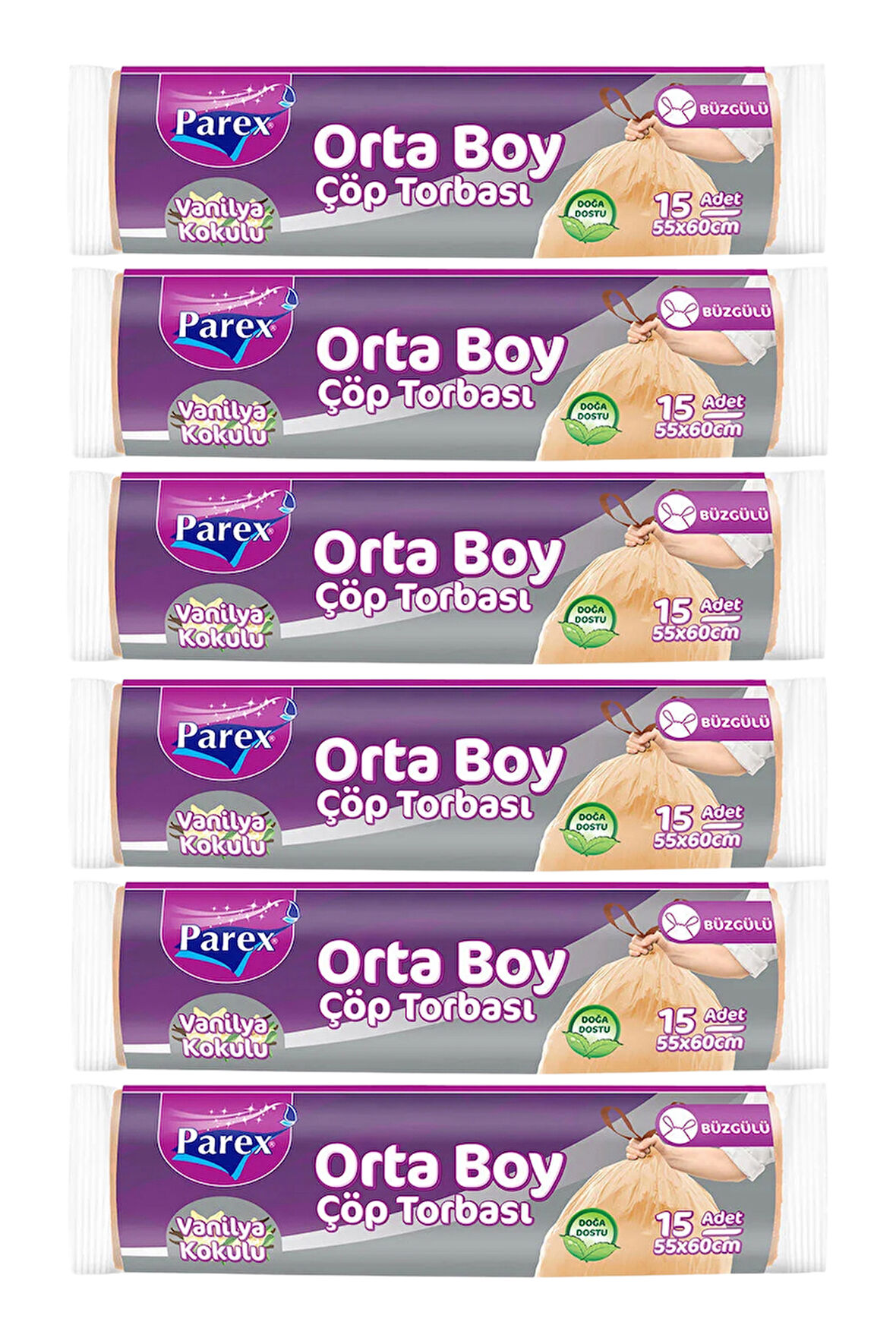 Büzgülü Çöp Torbası Vanilya Kokulu Orta Boy 15'li 55 x 60 cm Altılı Paket