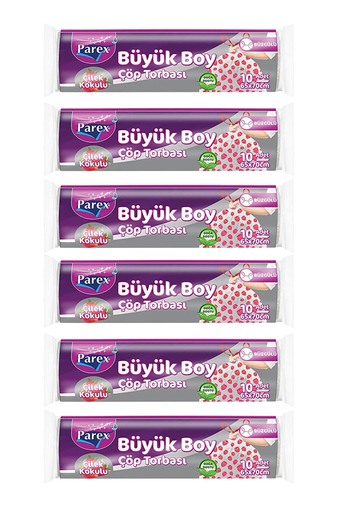 Premium 10'lu Büzgülü Çöp Torbası Çilek Kokulu Büyük Boy 65 x 70 cm Altılı Paket