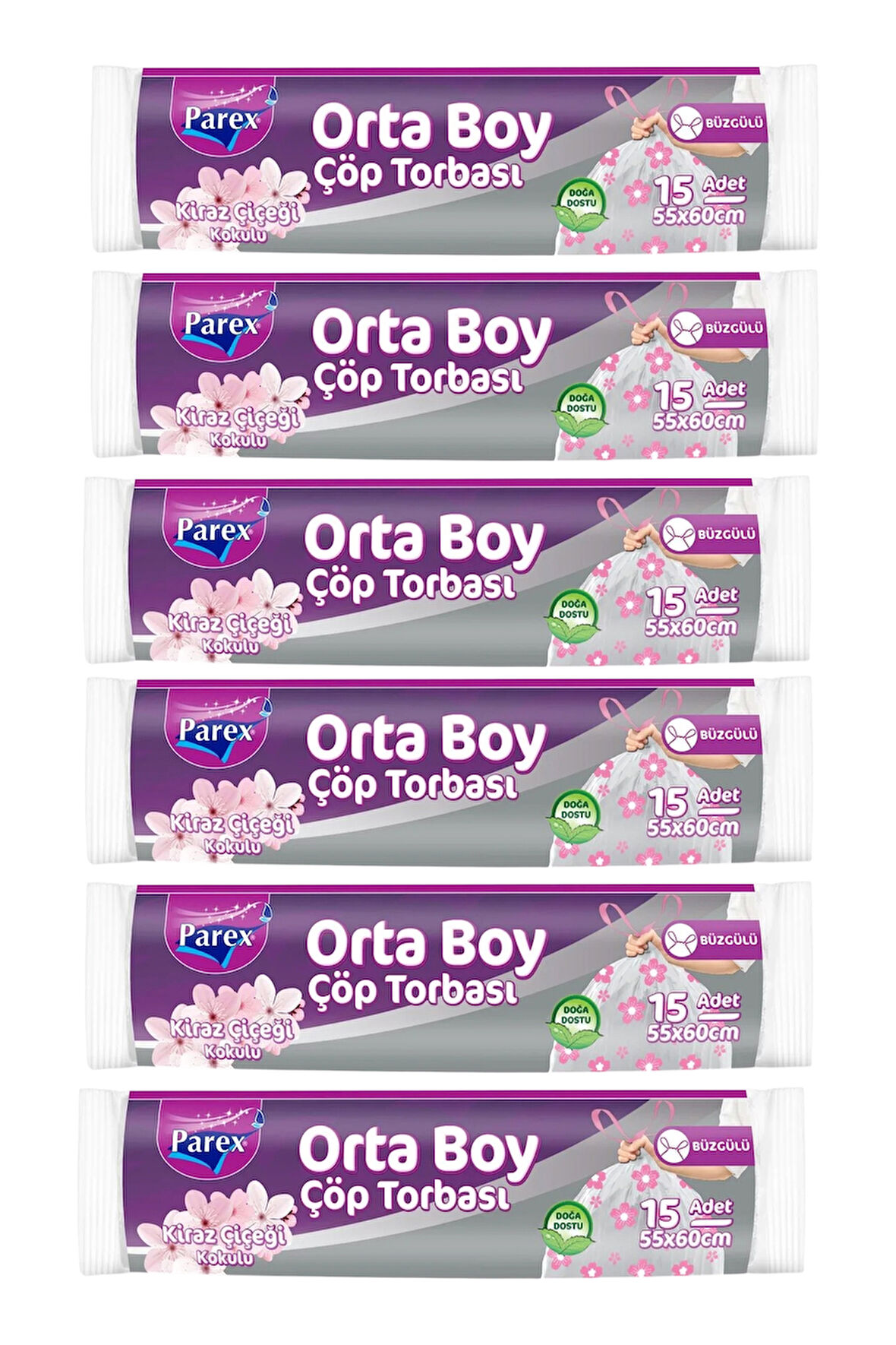 Büzgülü Çöp Torbası Kiraz Çiçeği Kokulu 15'li Orta Boy 55 x 60 cm Altılı Paket