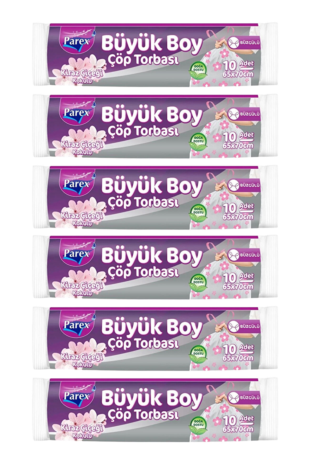 Büzgülü 10'lu Çöp Torbası Kiraz Çiçeği Kokulu Büyük Boy 65 x 70 cm Altılı Paket