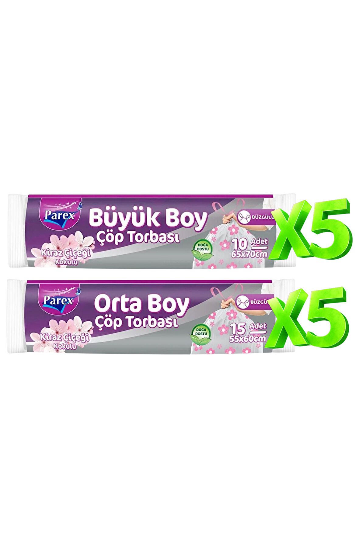 Büzgülü Çöp Torbası Kiraz Kokulu 5 Büyük ve 5 Orta Boy Set