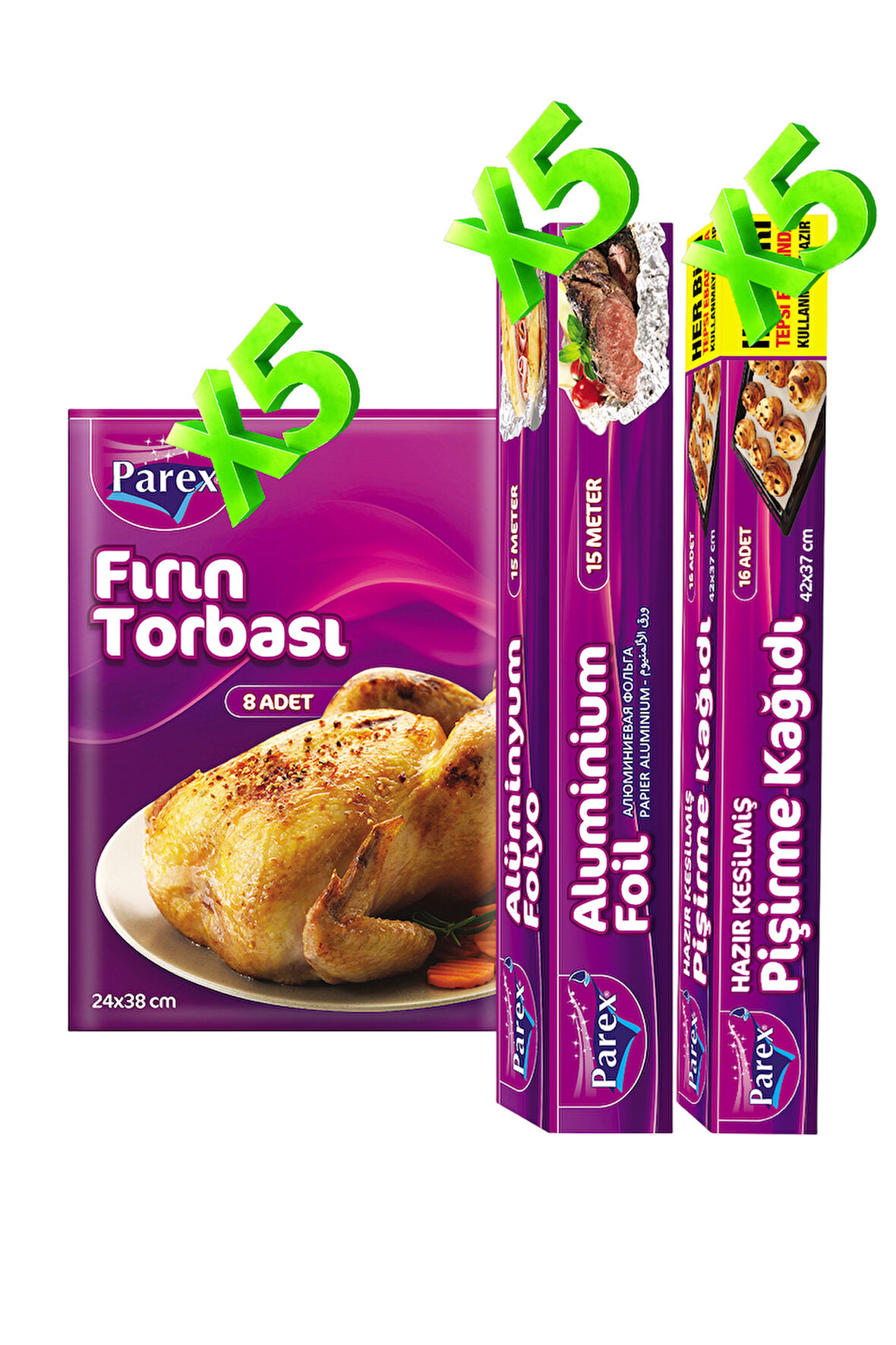 Kesilmiş Pişirme Kağıdı, Fırın Torbası ve Alüminyum Folyo 5'er Paket Set