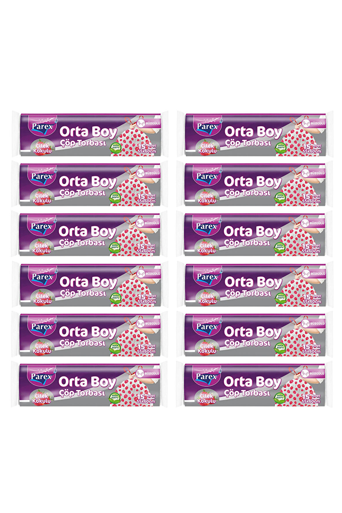 Premium Büzgülü Çöp Torbası Çilek Kokulu Orta Boy 15'li 55 x 60 cm Onikili Paket