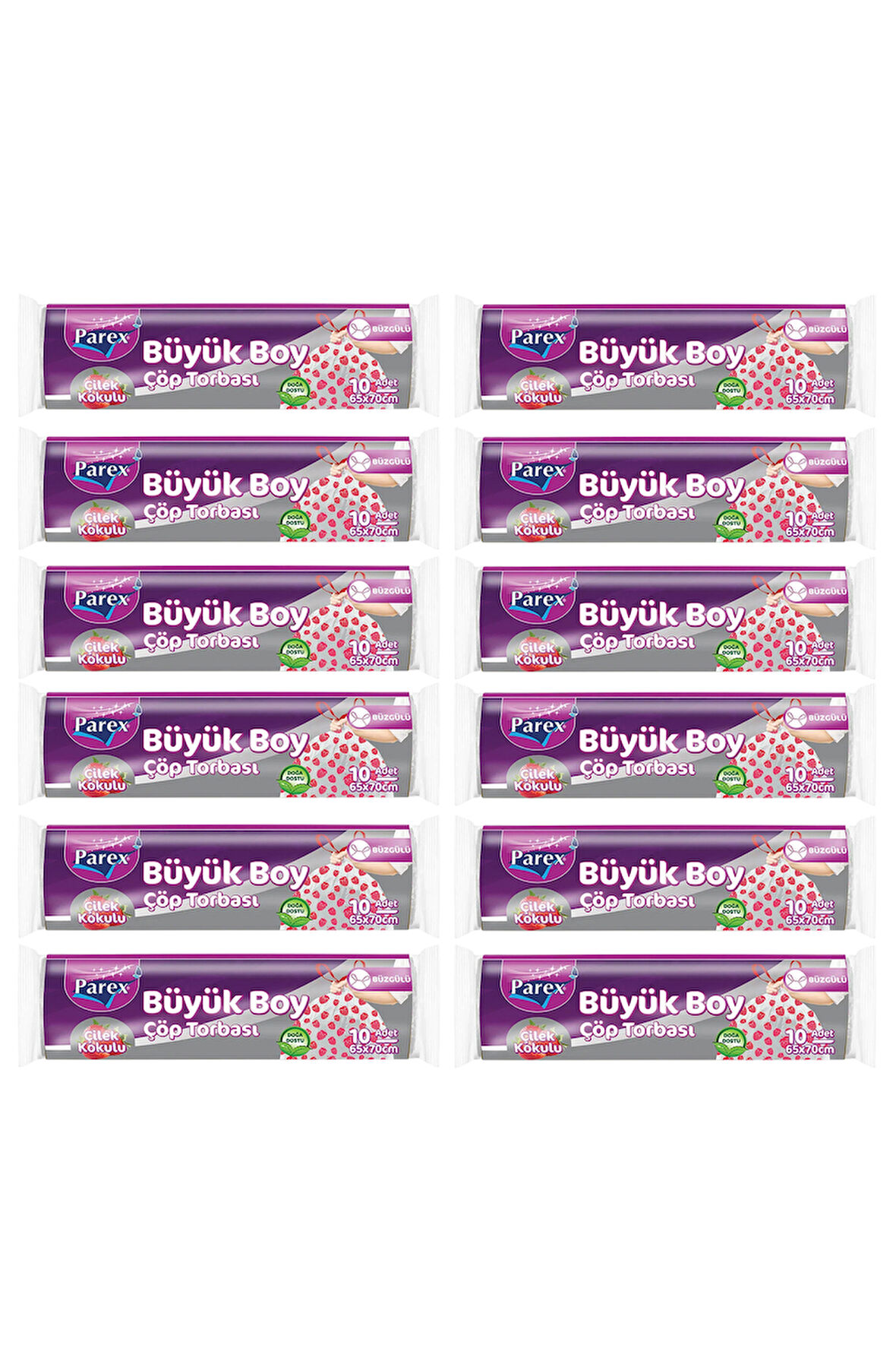 Premium 10'lu Büzgülü Çöp Torbası Çilek Kokulu Büyük Boy 65 x 70 cm Onikili Paket