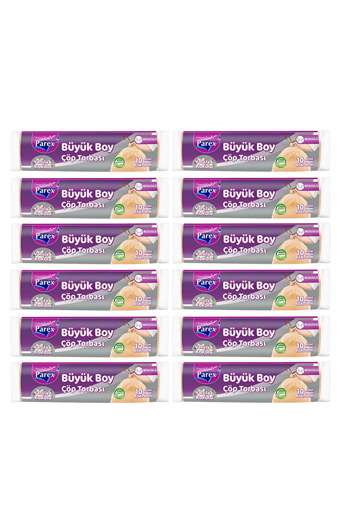 Büzgülü 10'lu Çöp Torbası Vanilya Kokulu Büyük Boy 65 x 70 cm Onikili Paket