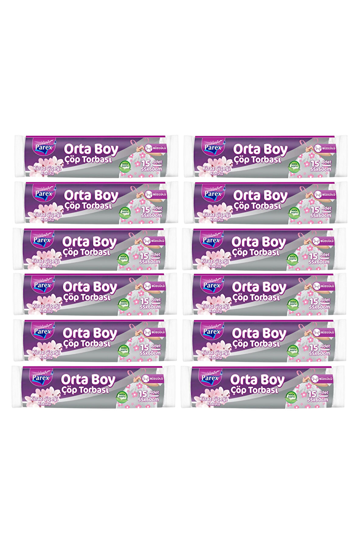 Büzgülü Çöp Torbası Kiraz Çiçeği Kokulu 15'li Orta Boy 55 x 60 cm Onikili Paket
