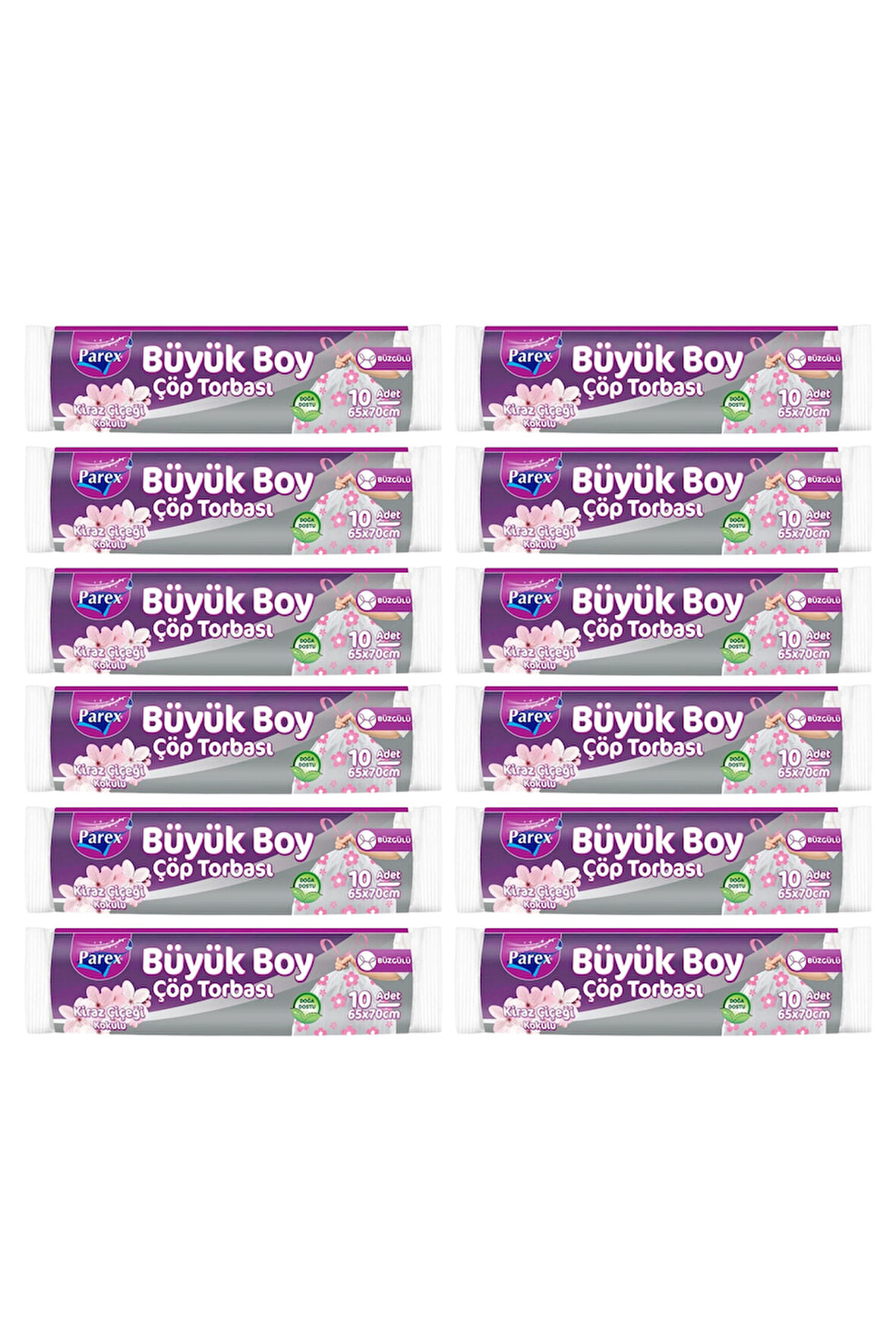 Büzgülü 10'lu Çöp Torbası Kiraz Çiçeği Kokulu Büyük Boy 65 x 70 cm Onikili Paket