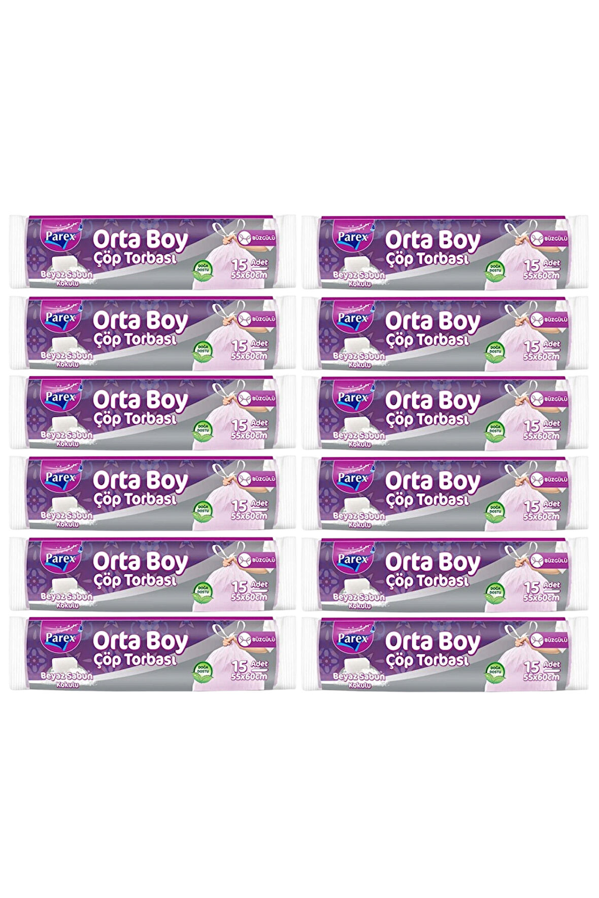 Büzgülü 15'li Çöp Torbası Beyaz Sabun Kokulu Orta Boy 55 x 60 cm Onikili Paket