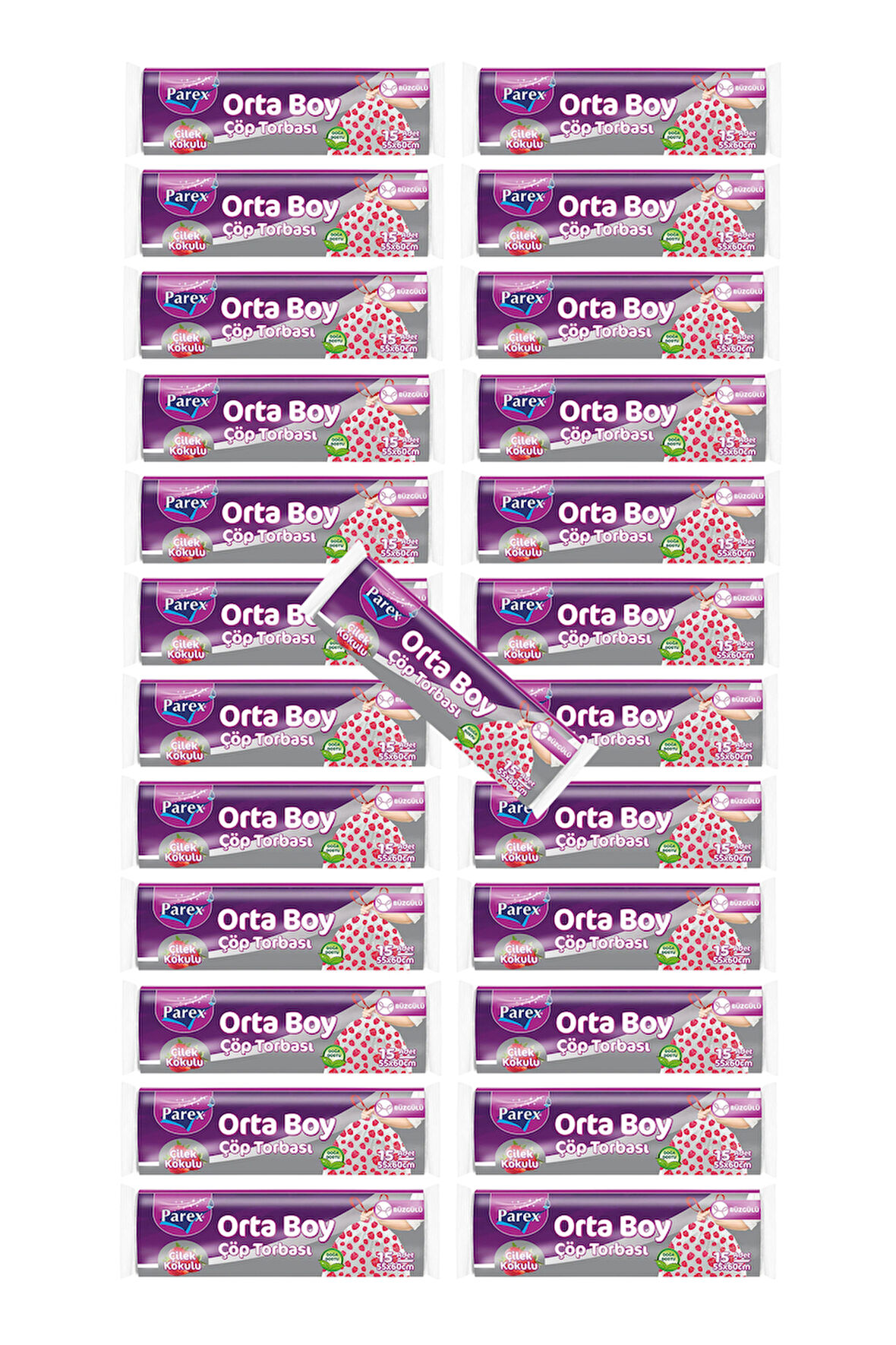 Premium Büzgülü Çöp Torbası Çilek Kokulu Orta Boy 15'li 55 x 60 cm 25 Paket