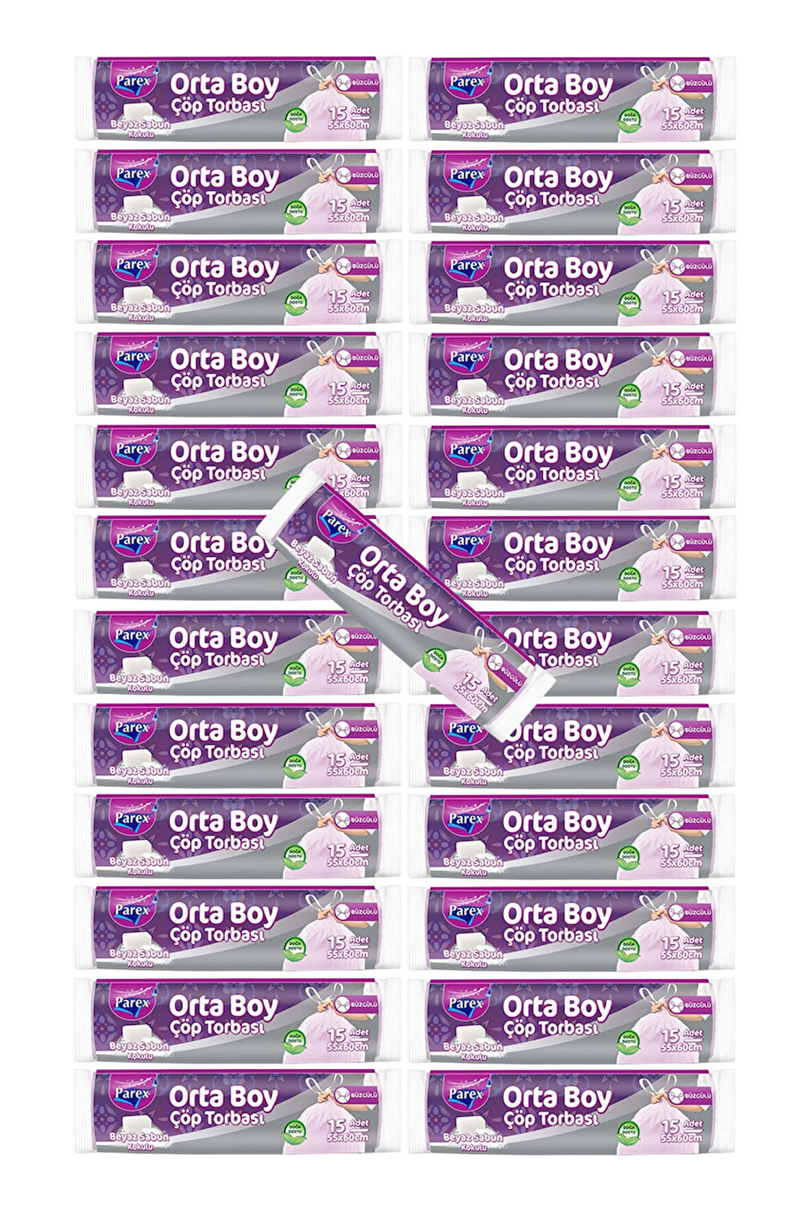 Büzgülü 15'li Çöp Torbası Beyaz Sabun Kokulu Orta Boy 55 x 60 cm 25 Paket