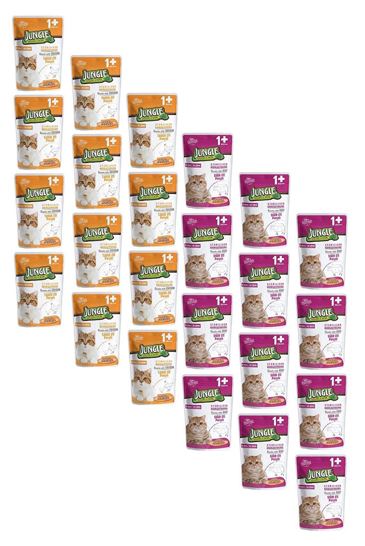 Jungle Pouch Kısırlaştırılmış Gravy Soslu Karışık Paket Tavuk-Biftekli Yaş Kedi Maması 100 Gr (24 ADET) 