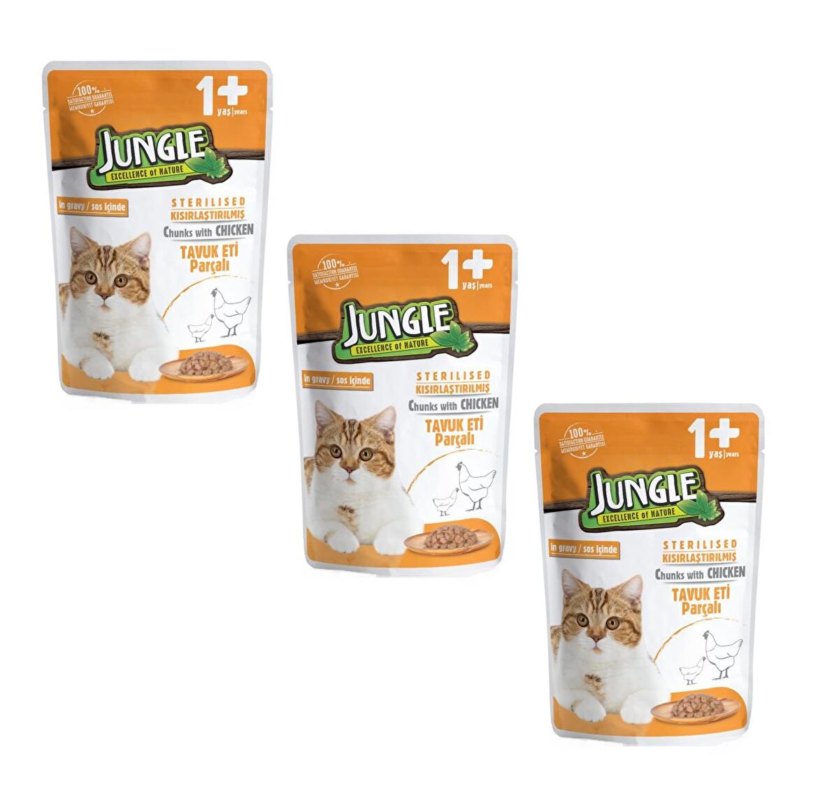 Jungle Pouch Kısırlaştırılmış Gravy Soslu Tavuklu Yaş Kedi Maması 100 Gr (3 ADET)