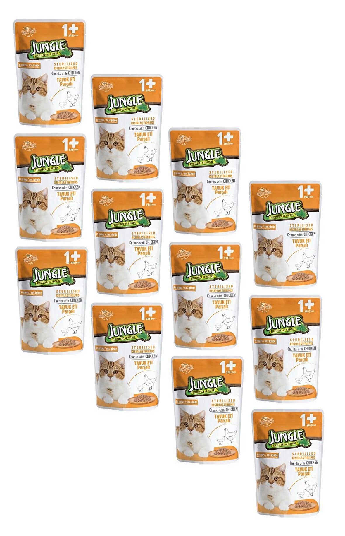 Jungle Pouch Kısırlaştırılmış Gravy Soslu Tavuklu Yaş Kedi Maması 100 Gr (12 ADET)