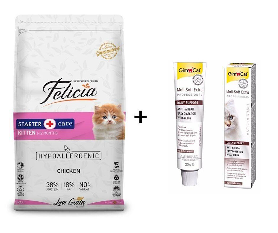 Felicia Kitten Tavuklu Yavru Kedi Maması 2 kg + GimCat Malt Soft Extra 20 gr