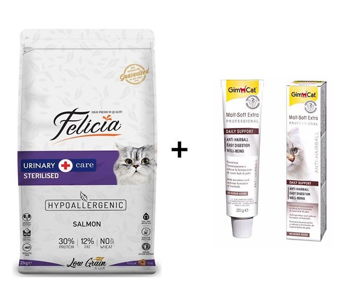 Felicia Kısırlaştırılmış  Somonlu Kedi Maması 2 kg + GimCat Malt Soft Extra 20 gr