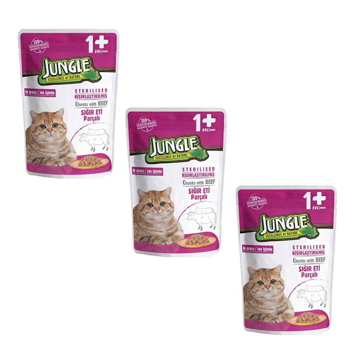 Jungle Pouch Kısırlaştırılmış Gravy Soslu Biftekli Yaş Kedi Maması 100 Gr (3 ADET)