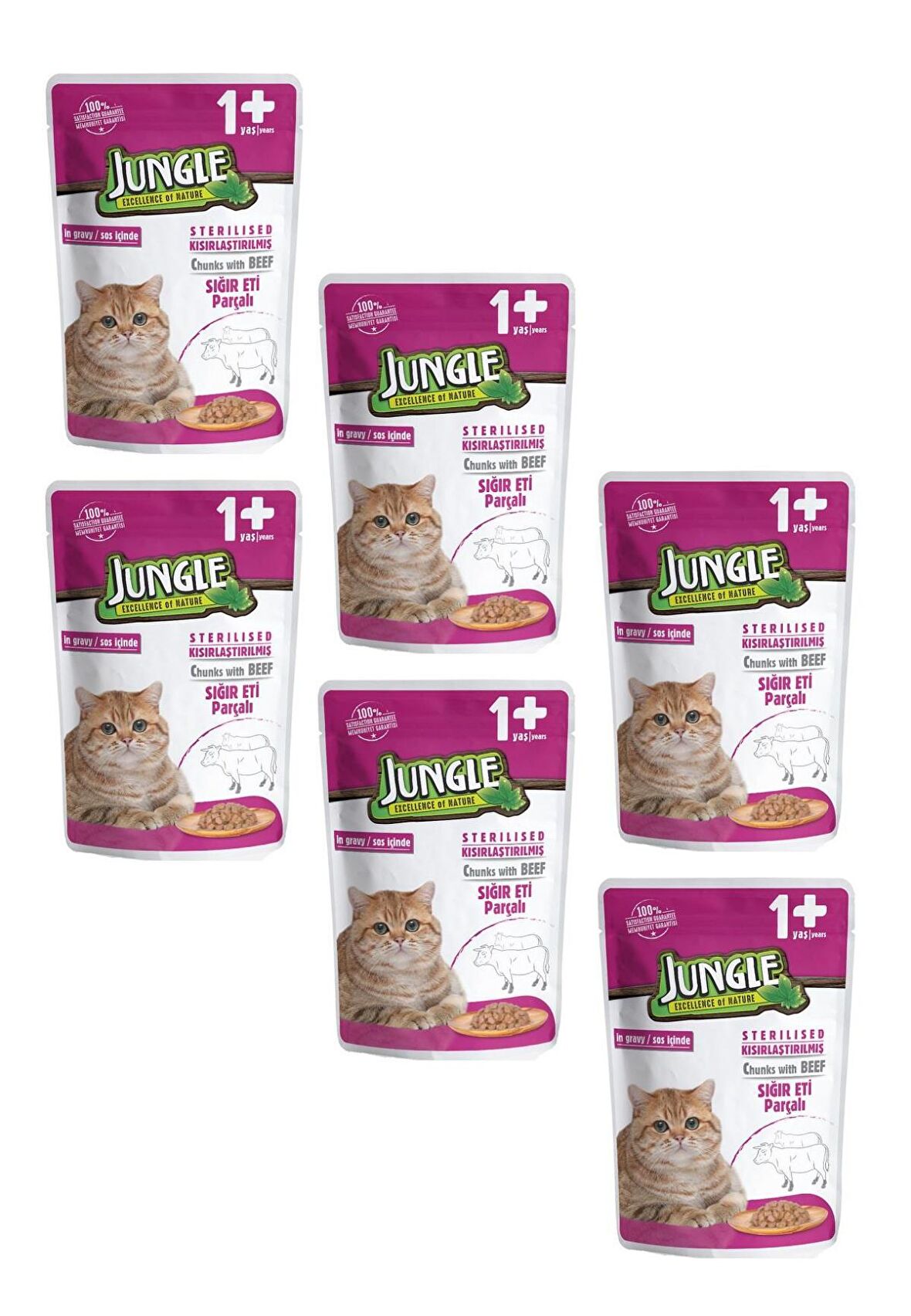 Jungle Pouch Kısırlaştırılmış Gravy Soslu Biftekli Yaş Kedi Maması 100 Gr (6 ADET)