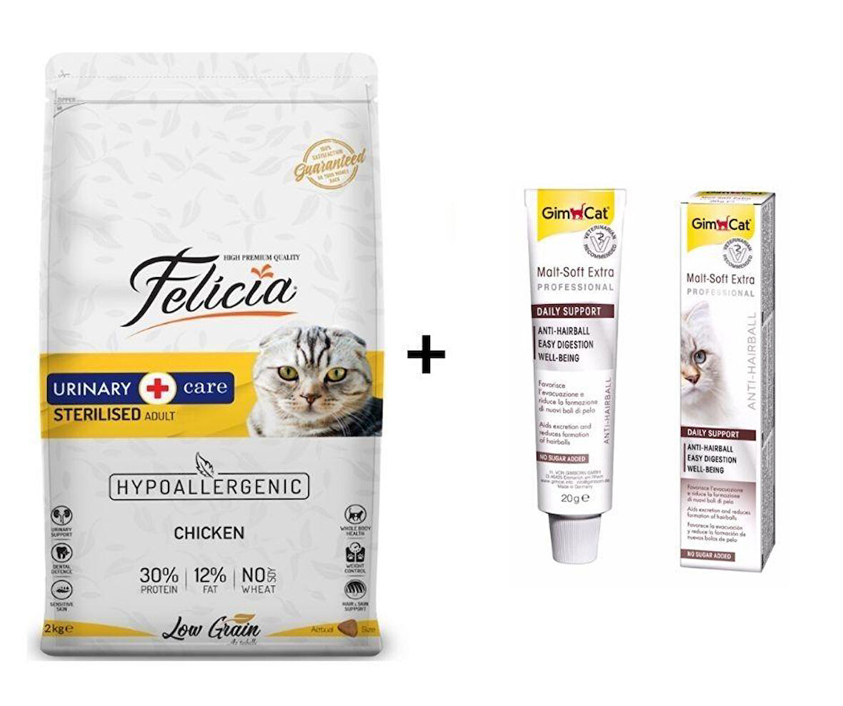 Felicia Tavuklu Kısırlaştırılmış Yetişkin Kedi Maması 2 Kg + GimCat Malt Soft Extra 20 gr
