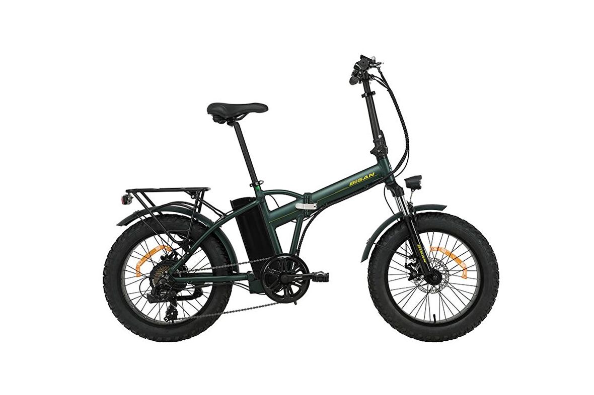 Bisan E-Folding F2 Shimano 7 Vites Disk Fren 20 Jant Elektrikli Katlanır Bisiklet Yeşil Sarı