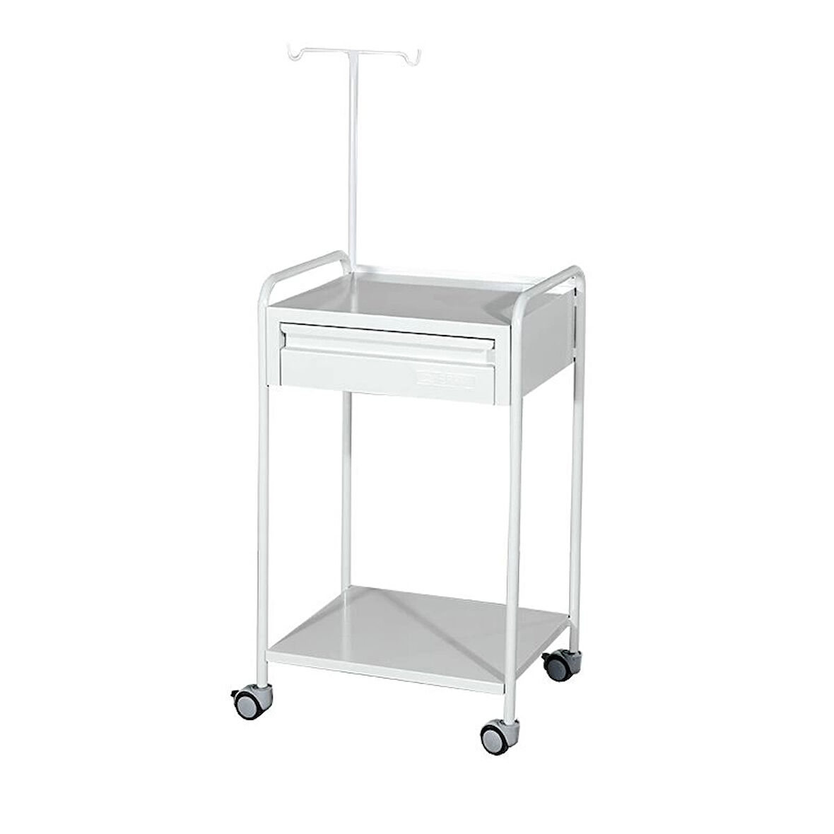 Serum Askılıklı ve Çekmeceli Cihaz Arabası | Metal Gövde, Antibakteriyel Boyalı, Antistatik Tekerlekli E-233/A