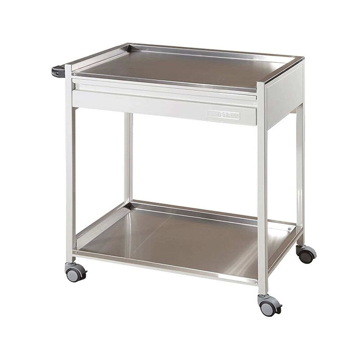 Paslanmaz Çelik Raflı Cihaz ve Pansuman Arabası | Paslanmaz Üst ve Alt Tezgahlı, Çekmeceli, Antibakteriyel Gövdeli, İtme Kollu E-237/B
