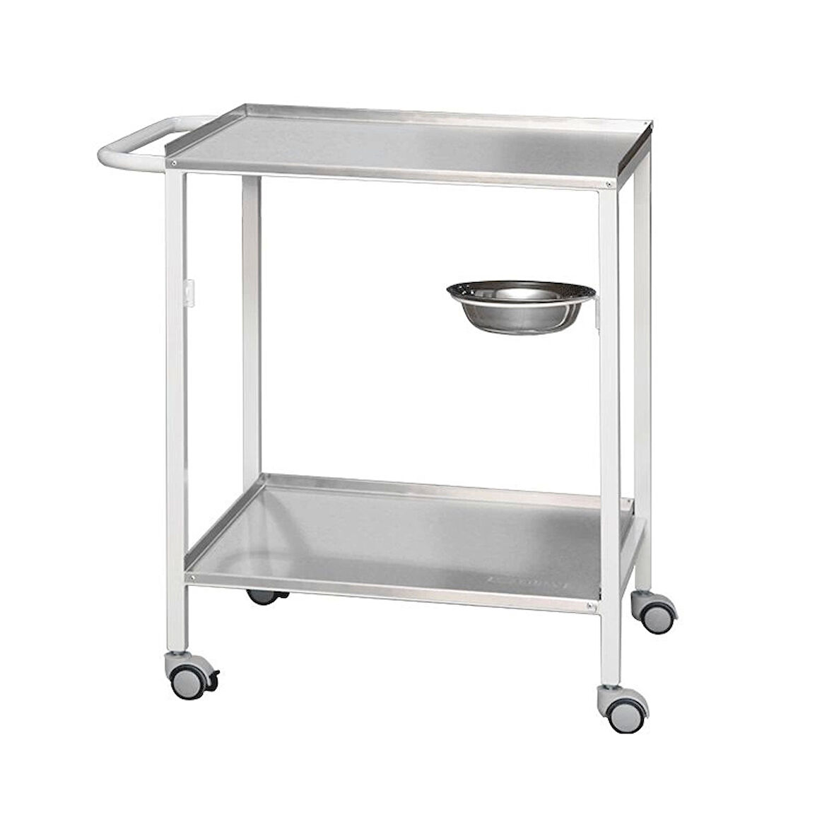 Paslanmaz Çelik Tek Taslı Pansuman Arabası | Paslanmaz Üst ve Alt Tezgahlı, Antibakteriyel Metal Gövde, Antistatik Tekerlekli, İtme Kollu E-252