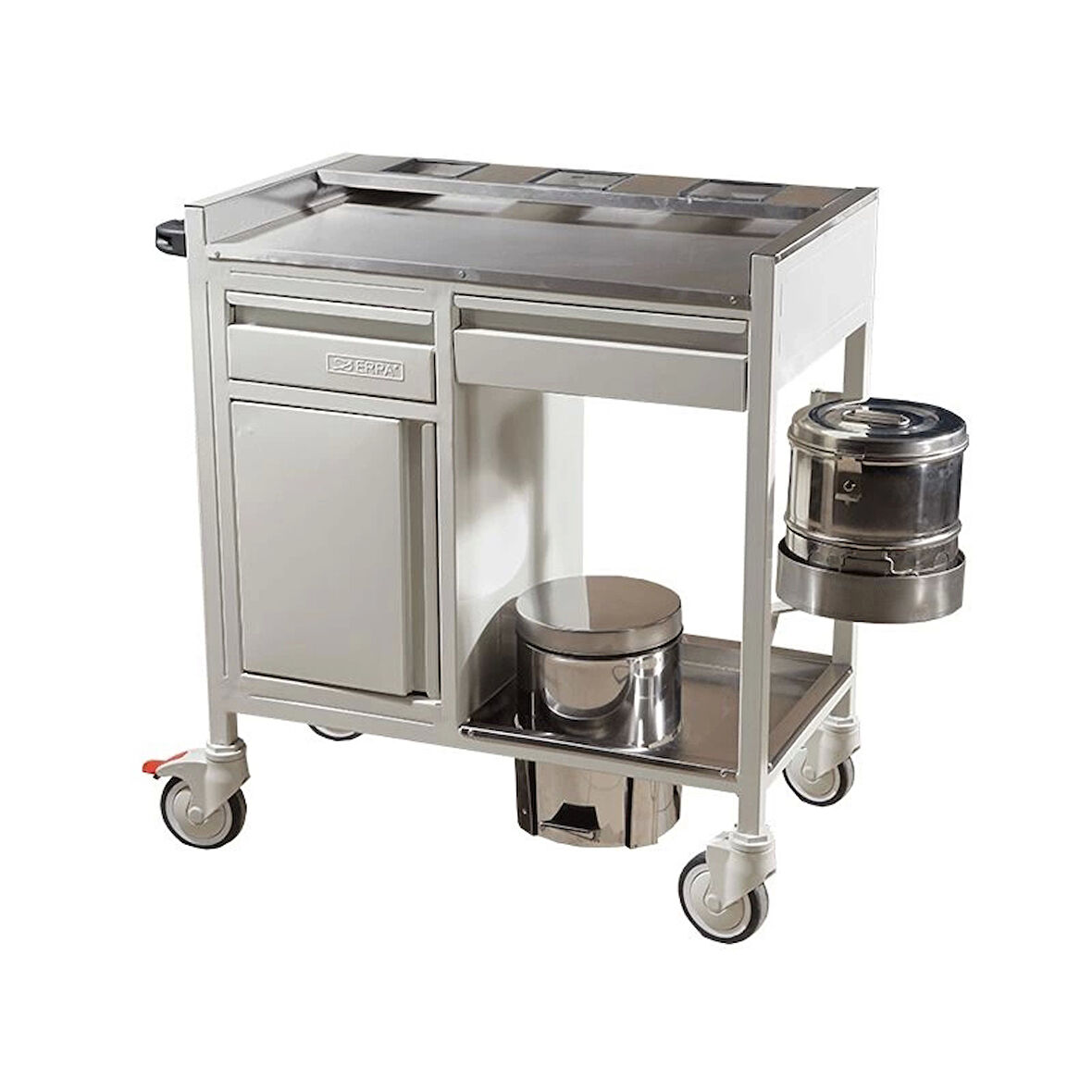 2 Çekmeceli Dolaplı ve Tromelli Pansuman Arabası | Paslanmaz Üst Tezgahlı, Çöp Kovası, Antibakteriyel Gövdeli E-254/B