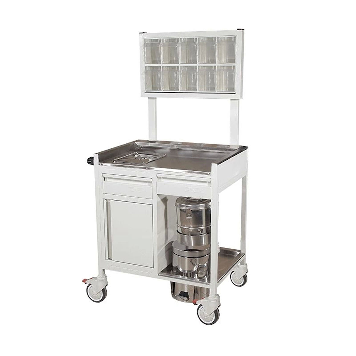 Trommelli ve Leğenli Pansuman Arabası | Paslanmaz Çelik Gövde, Antistatik Tekerlekli, İlaç Gözlü E-254/E