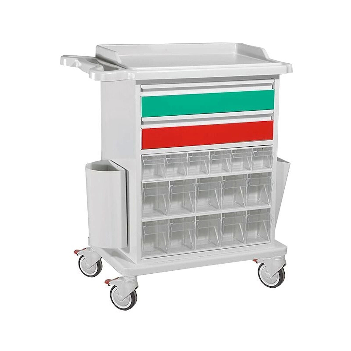 İlaç ve Pansuman Arabası | 32 Gözlü İlaç Ünitesi, Metal Gövde, ABS Tezgahlı, Antistatik Tekerlekli E-257