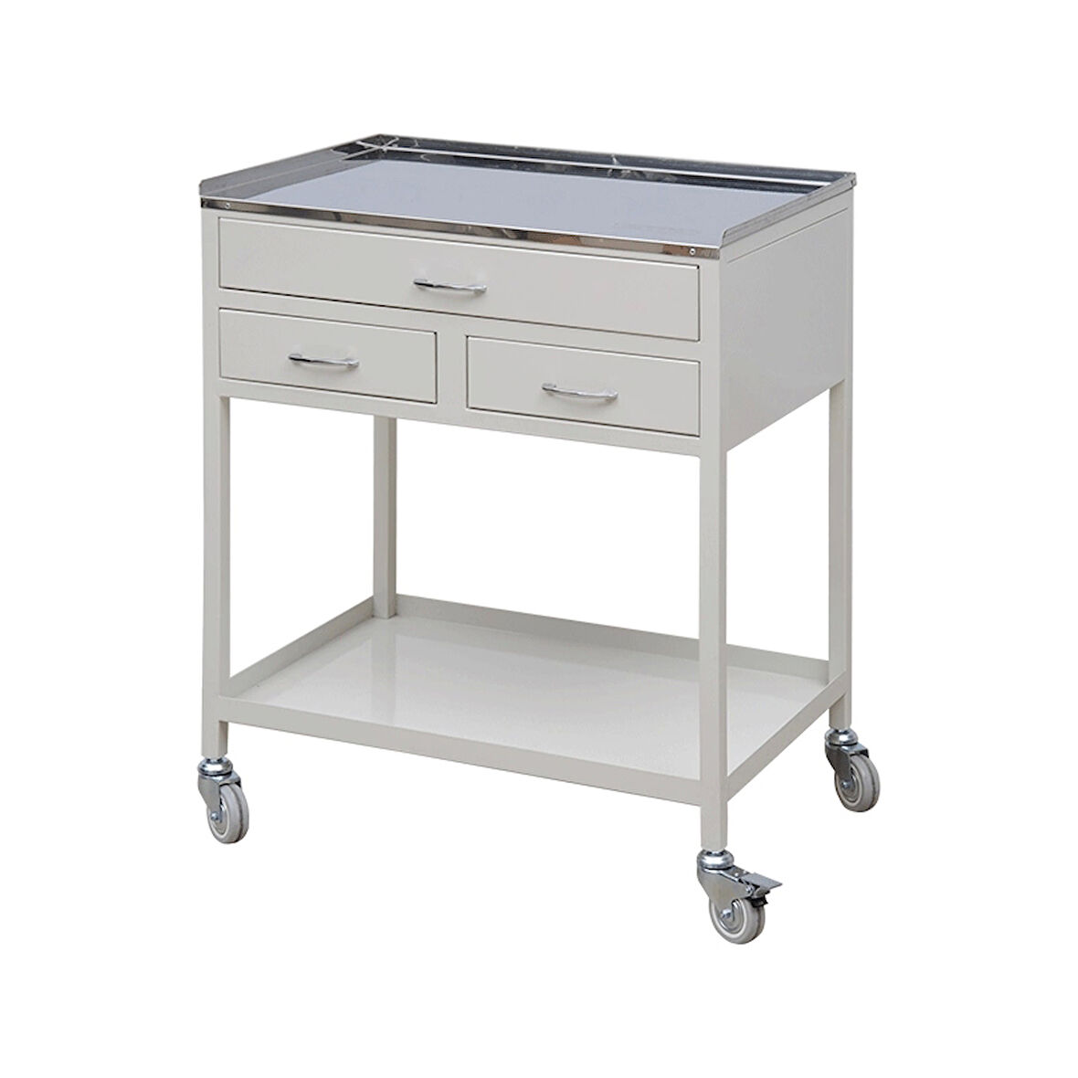 3 Çekmeceli Pansuman ve Cihaz Arabası | Paslanmaz Üst Tezgahlı, Antibakteriyel Metal Gövde, Antistatik Tekerlekli E-238
