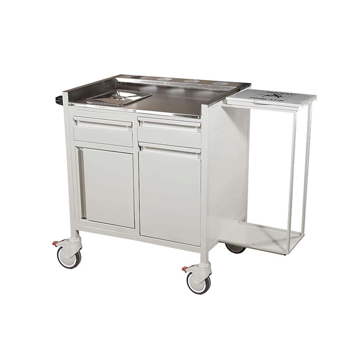 2 Çekmeceli ve Dolaplı Pansuman Arabası | Paslanmaz Üst Tezgahlı, Dosyalıklı, Antibakteriyel Gövdeli E-254/A