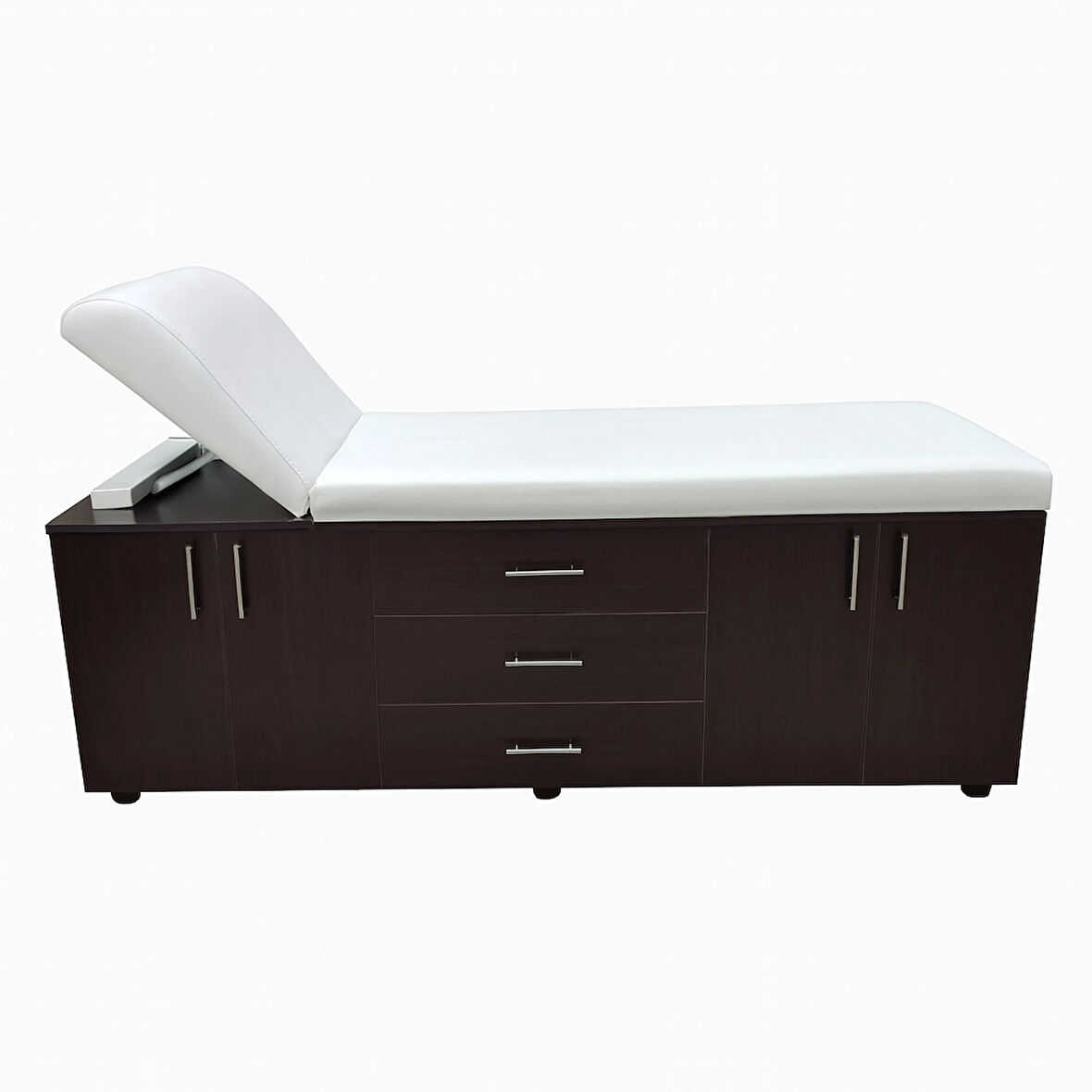 Ahşap Muayene Masası | 2 Dolaplı, 3 Çekmeceli ve Manuel Sırt Ayarlı Sağlam Yapı