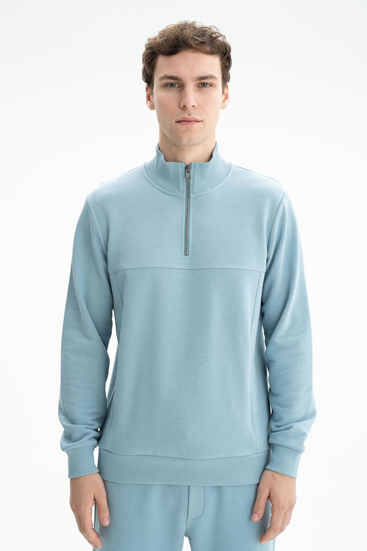 Arma Erkek Regular Fit Şardonsuz 3 iplik Fermuar Cepli Dik Yakalı Yarım Fermuar Sweatshirt 