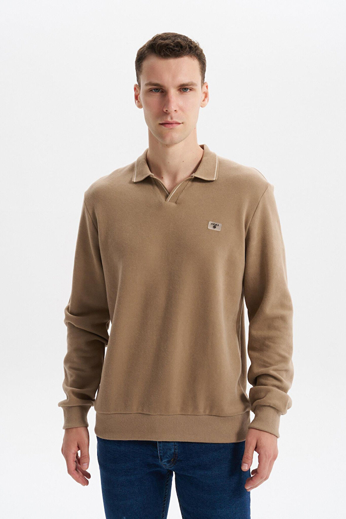 Arma Erkek Regular Fit Polo Yaka Sweatshirt – Karbon Fırçalı Selanik, %65 Pamuk %35 Polyester, Düğmesiz Basic K30554698602 