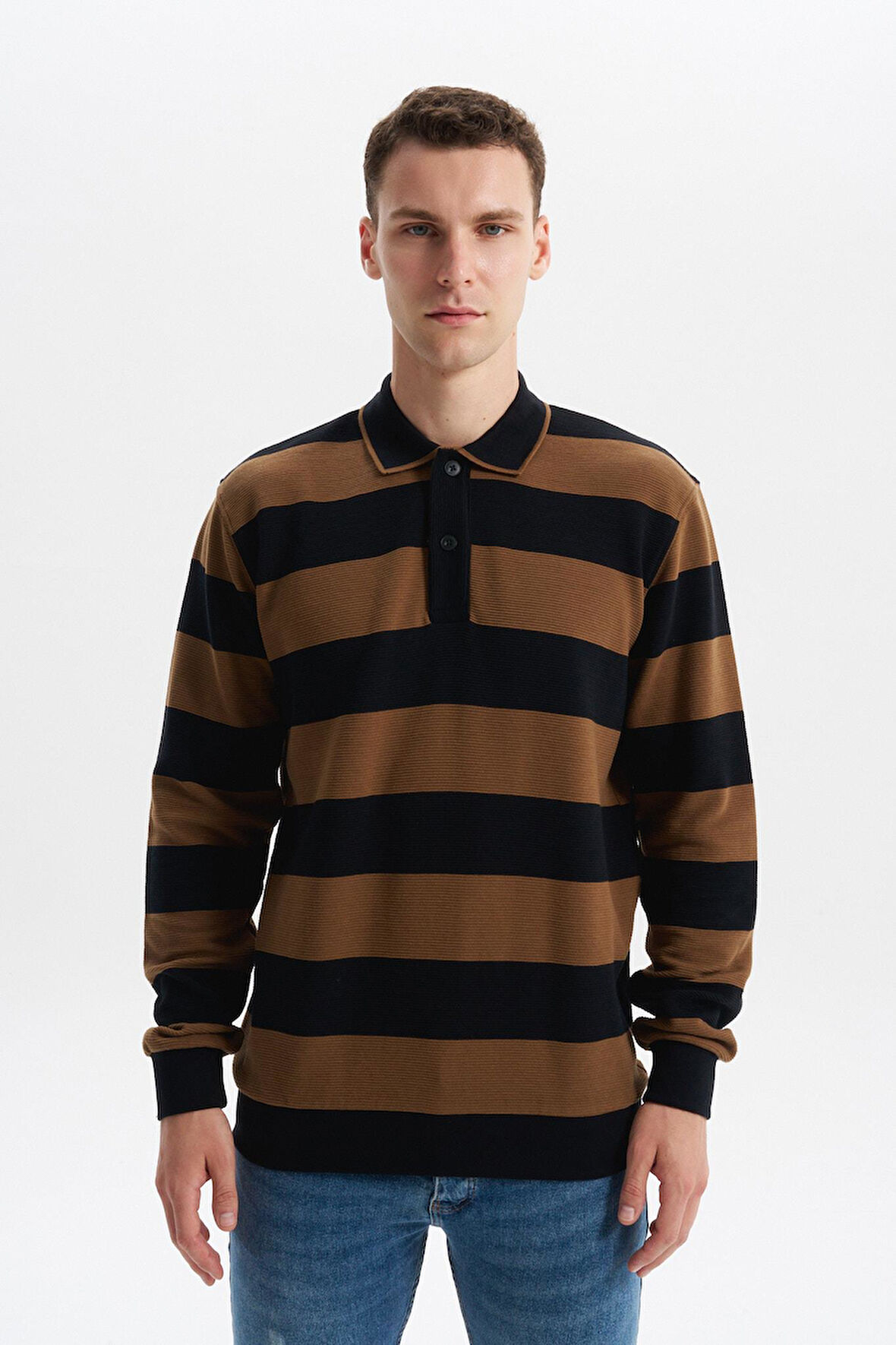 Arma Erkek Ribanalı Regular Fit Çizgili %100 Pamuk Ringel Ottoman Kumaş Polo Yaka Düğmeli Sweatshirt K30554952602 