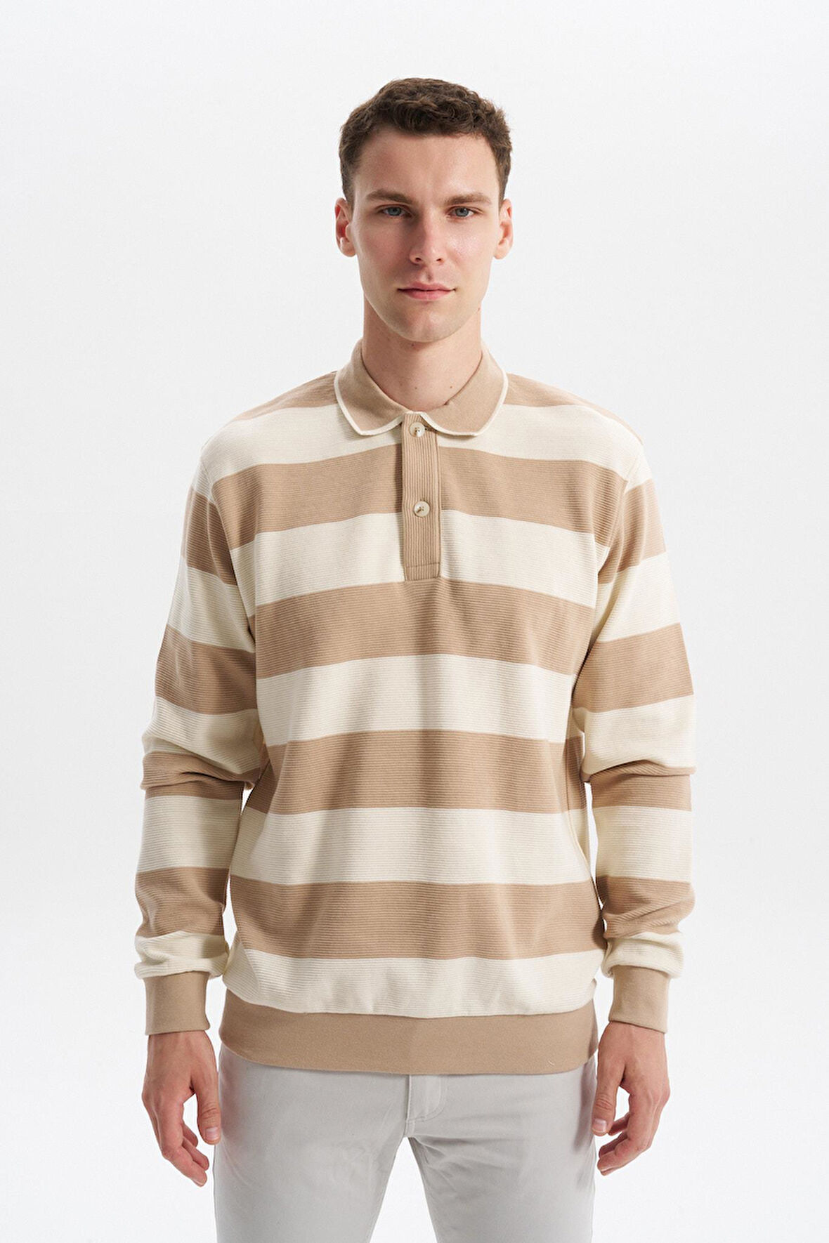 Arma Erkek Ribanalı Regular Fit Çizgili %100 Pamuk Ringel Ottoman Kumaş Polo Yaka Düğmeli Sweatshirt K30554952602 