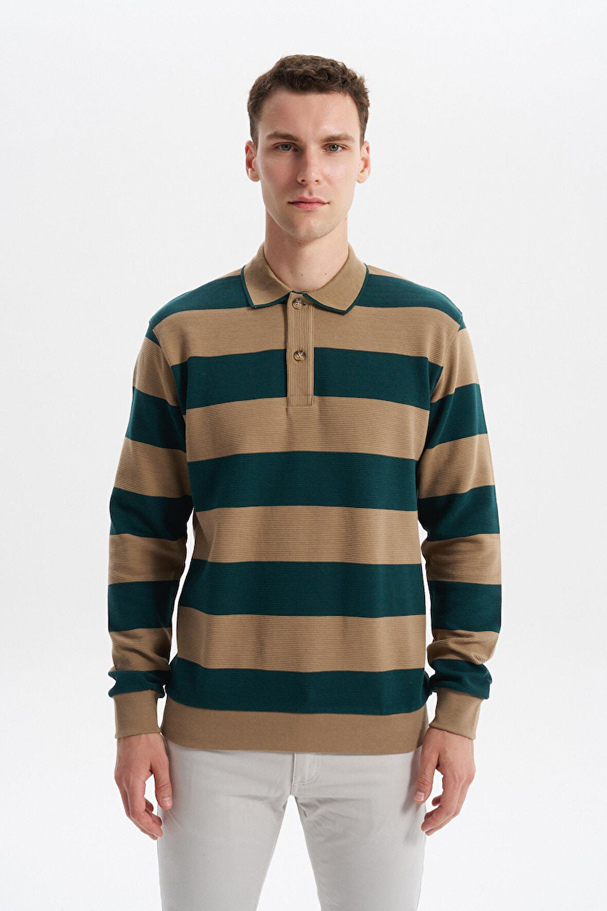 Arma Erkek Ribanalı Regular Fit Çizgili %100 Pamuk Ringel Ottoman Kumaş Polo Yaka Düğmeli Sweatshirt K30554952602 