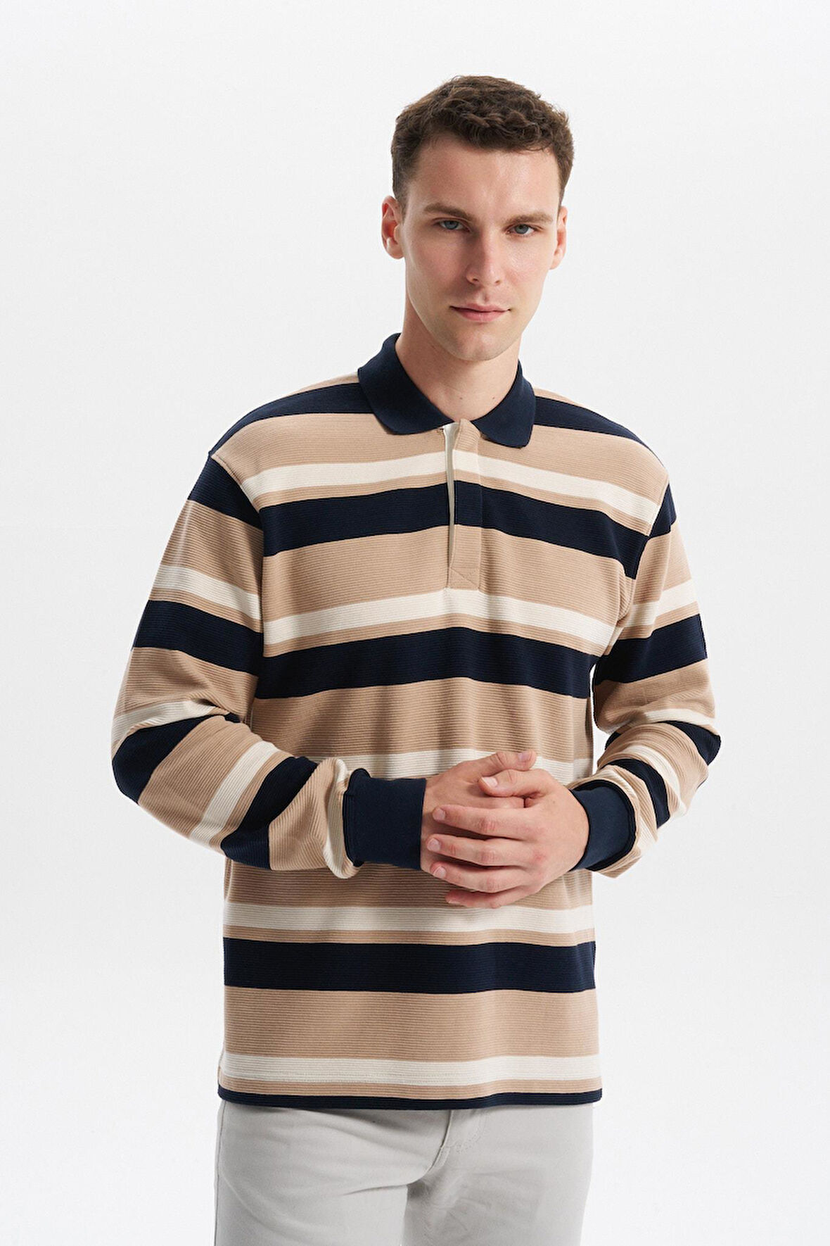 Arma Erkek Ribanalı Büyük Beden Battal Boy Çizgili %100 Pamuk Ringel Ottoman Kumaş Polo Yaka Düğmeli Sweatshirt K30554801702 