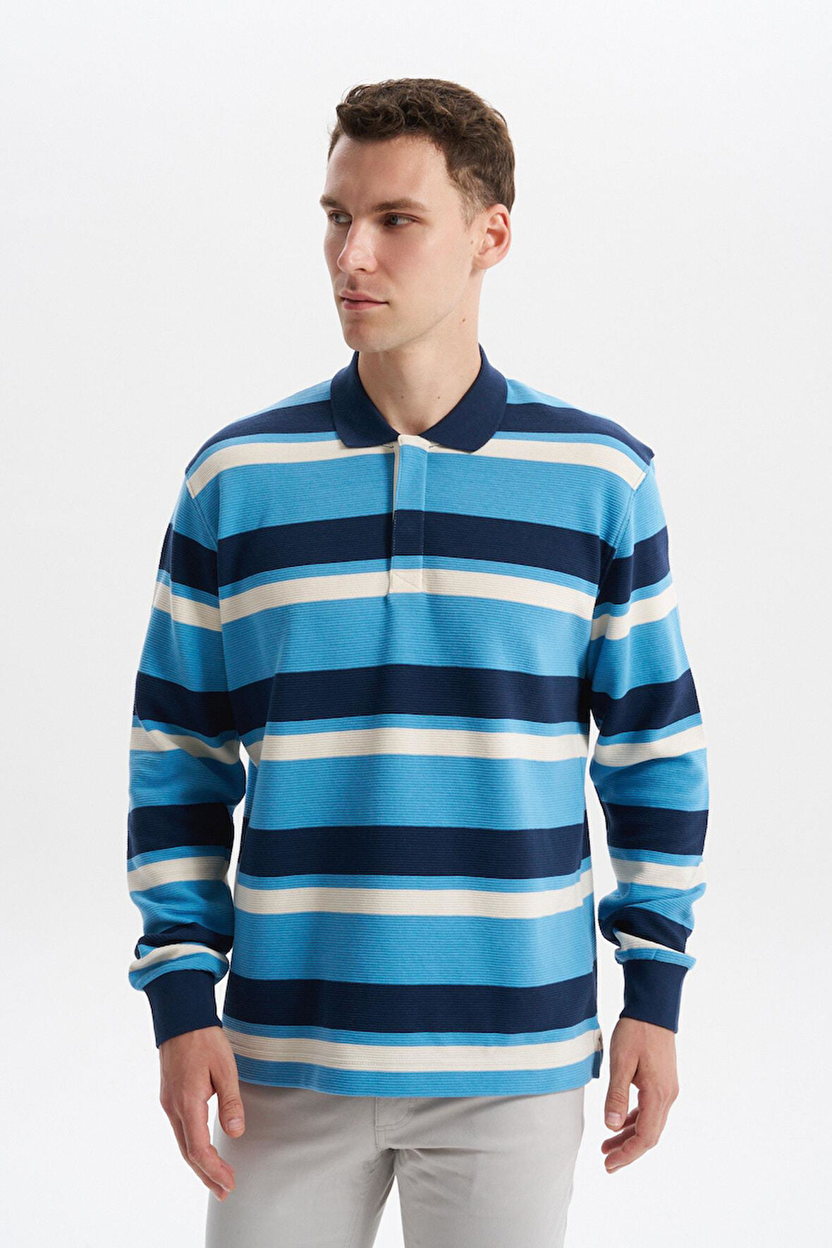 Arma Erkek Ribanalı Büyük Beden Battal Boy Çizgili %100 Pamuk Ringel Ottoman Kumaş Polo Yaka Düğmeli Sweatshirt K30554801702 