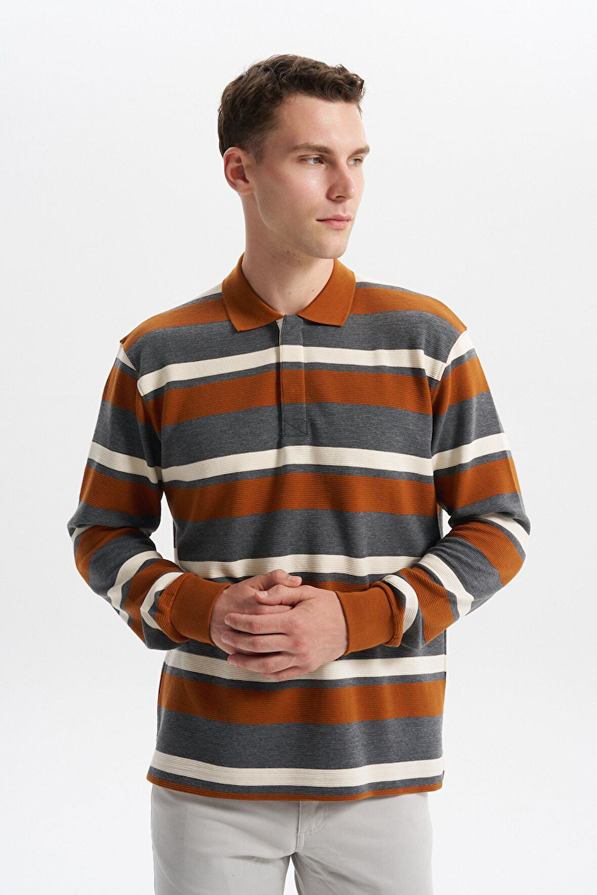 Arma Erkek Ribanalı Büyük Beden Battal Boy Çizgili %100 Pamuk Ringel Ottoman Kumaş Polo Yaka Düğmeli Sweatshirt K30554801702 