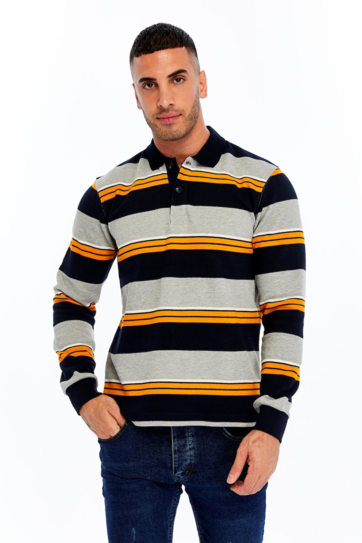 Arma Erkek Ribanalı Regular Fit Çizgili %95 Pamuk %5 Elastane Ringel Pike Kumaş Polo Yaka Düğmeli Sweatshirt K30554953102 