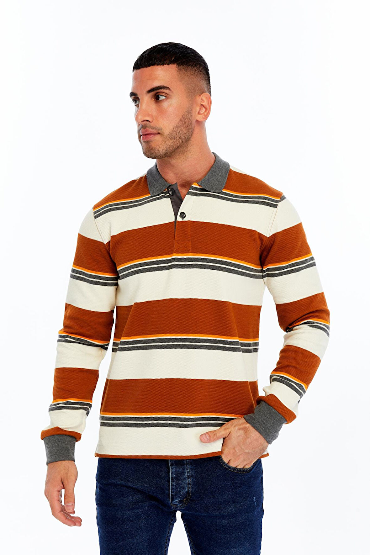 Arma Erkek Ribanalı Regular Fit Çizgili %95 Pamuk %5 Elastane Ringel Pike Kumaş Polo Yaka Düğmeli Sweatshirt K30554953102 