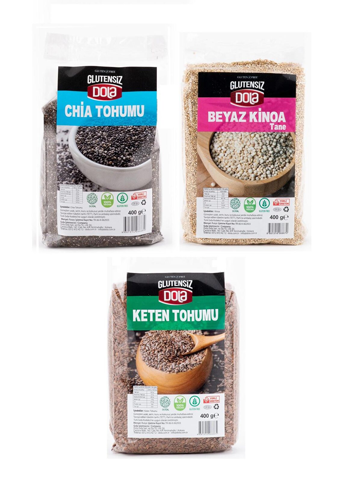 Dola Glutensiz Tohum Seti, Chia Tohumu, Keten Tohumu, Beyaz Kinoa Tohumu 400 gr 3 Adet