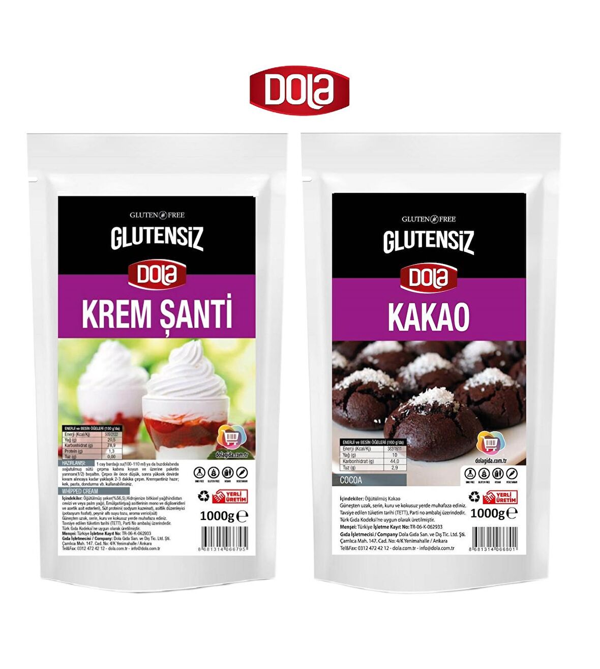 Dola 2'li Glutensiz Pasta Seti Krem Şanti ve Kakao 1 Kg X 2 Adet