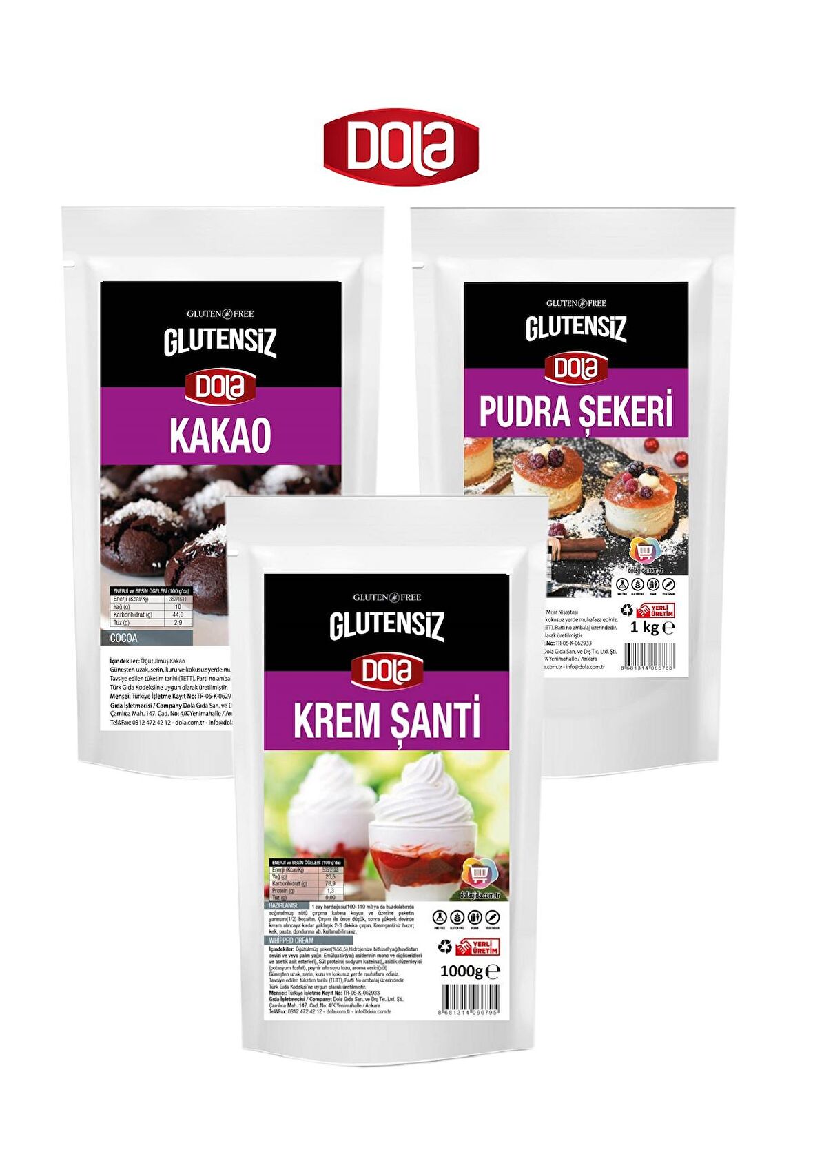 Dola 3'lü Glutensiz Pasta Seti Krem Şanti-Pudra Şekeri ve Kakao 1 Kg X 3 Adet