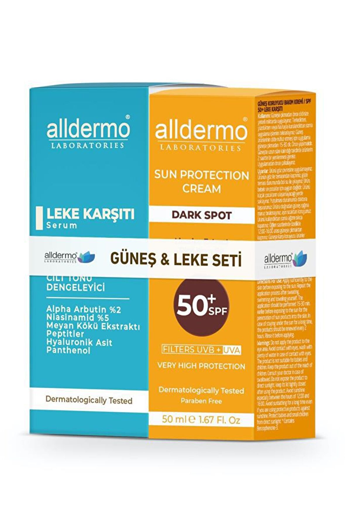 Alldermo 50+ Faktör Renksiz Yüz Güneş Koruyucu Krem 50 ml + Alldermo Leke Karşıtı Serum