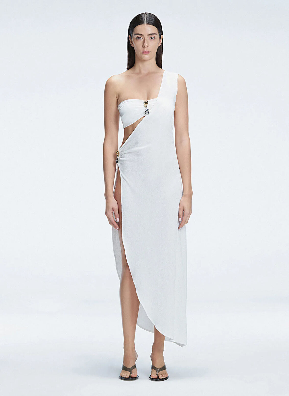 Moeva Tek Omuz Yaka Düz Beyaz Standart Kadın Elbise CORALINE