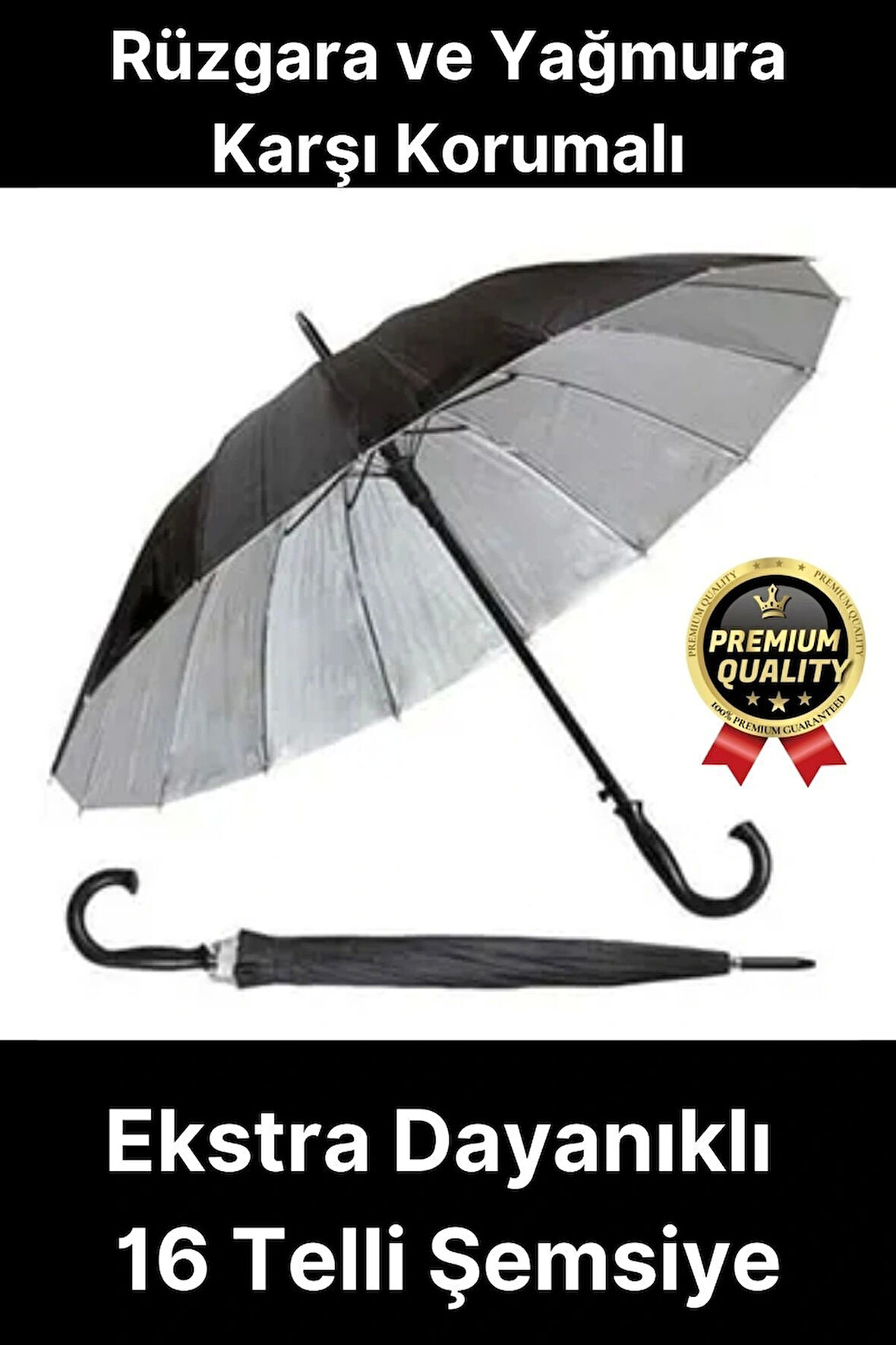 Ekstra Dayanıklı Rüzgara ve Yağmura Karşı Korumalı Siyah Fiber 16 Telli Bronz Gövde Şemsiye 55cm